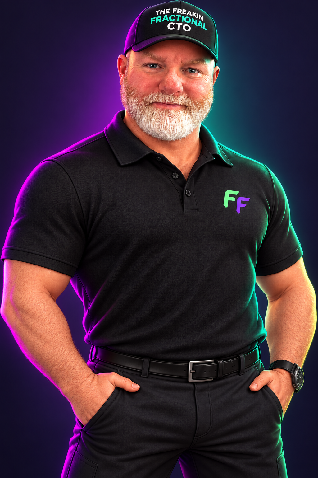 Animated portrait of Jeff Davis wearing a Frickin Frac polo and The Frickin Fractional CTO hat